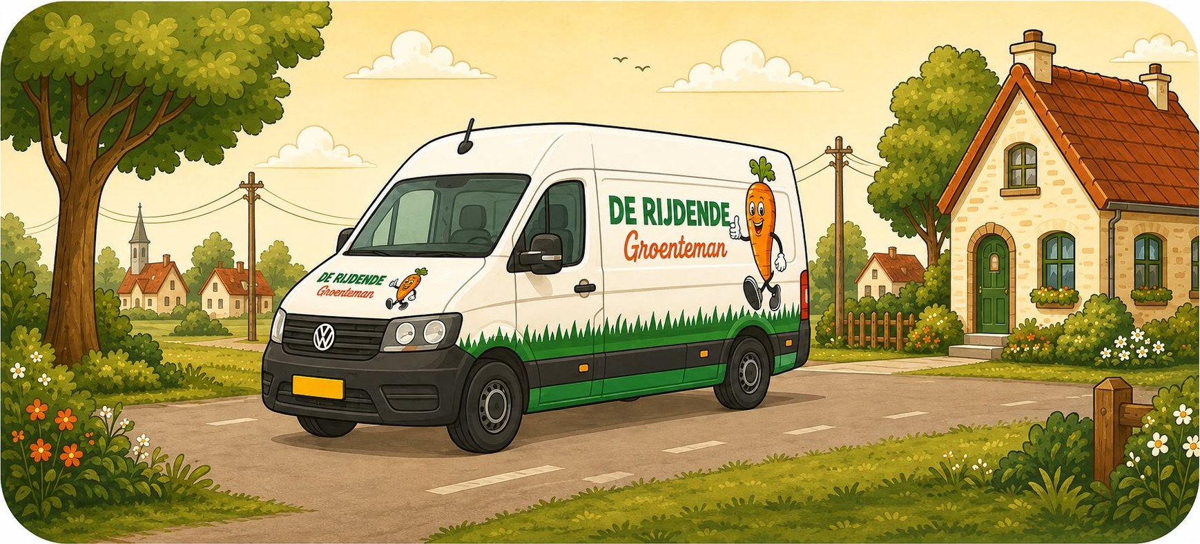 De bestelbus van De Rijdende Groenteman onderweg door het dorp